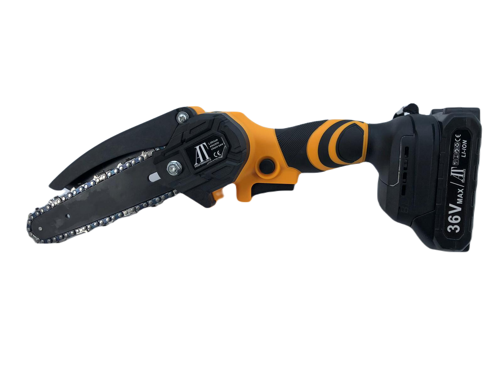 Mini fierăstrău cu lanț AT Performance, 36V, 3000 RPM, lamă 4 inch, 2 acumulatori 8 Ah, LED, negru cu galben