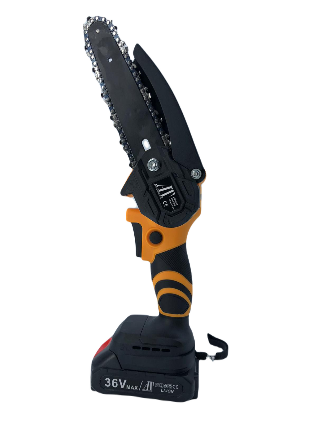 Mini fierăstrău cu lanț AT Performance, 36V, 3000 RPM, lamă 4 inch, 2 acumulatori 8 Ah, LED, negru cu galben