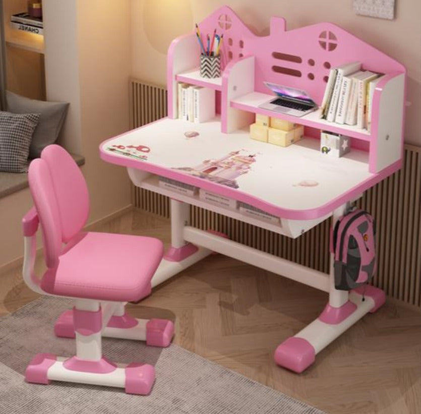 Set birou și scaun ergonomic pentru copii AT Performance, blat 75x105 cm, înălțime reglabilă, roz