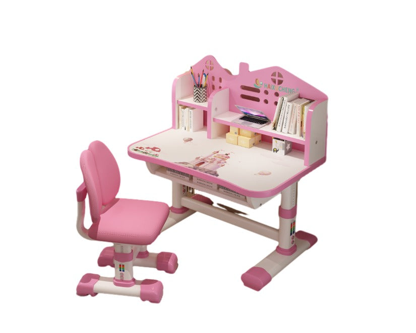 Set birou și scaun ergonomic pentru copii AT Performance, blat 75x105 cm, înălțime reglabilă, roz