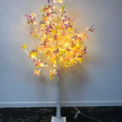Pom artificial decorativ Tusy Store, 180 cm, LED alb cald, fluturi colorați, ramuri albe