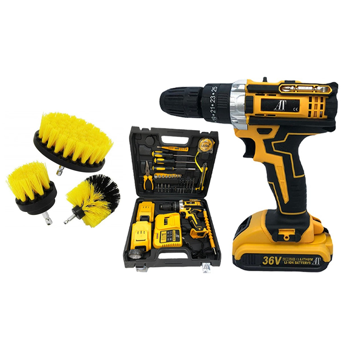 PACHET PROMOTIONAL | Trusa Bormasina, AT PERFORMANCE®, 36V cu 2X Acumulator si Incarcator + Set 3 Perii Rotative de Curatat Suprafete, Covoare