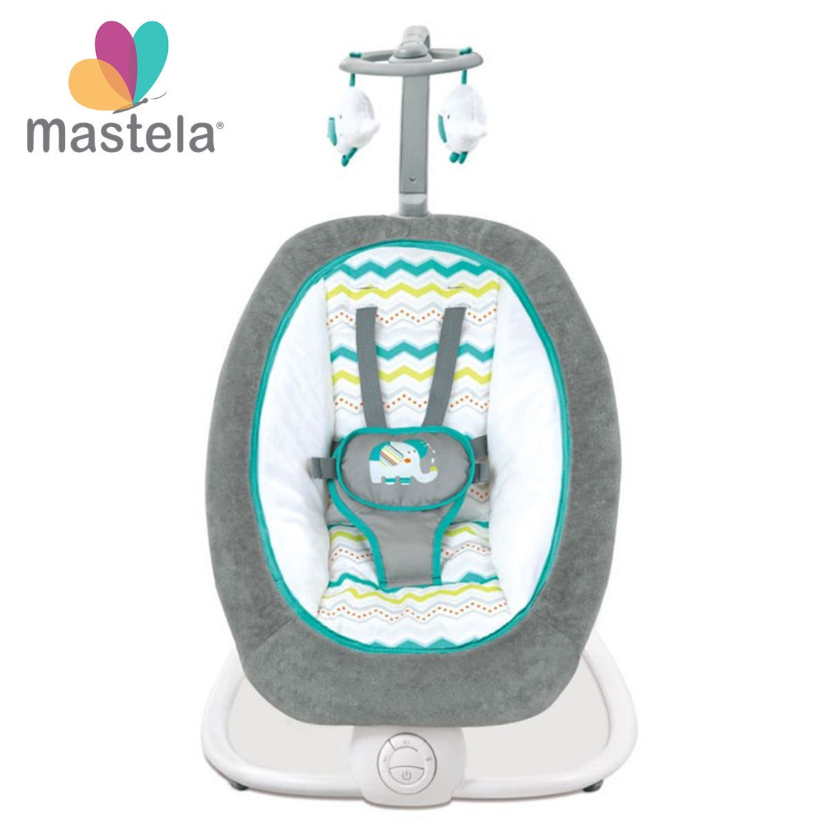 Balansoar bebeluși Mastela cu vibrații, 7 melodii, spătar 4 poziții, ham 5 puncte, 0-9 kg, gri-albastru