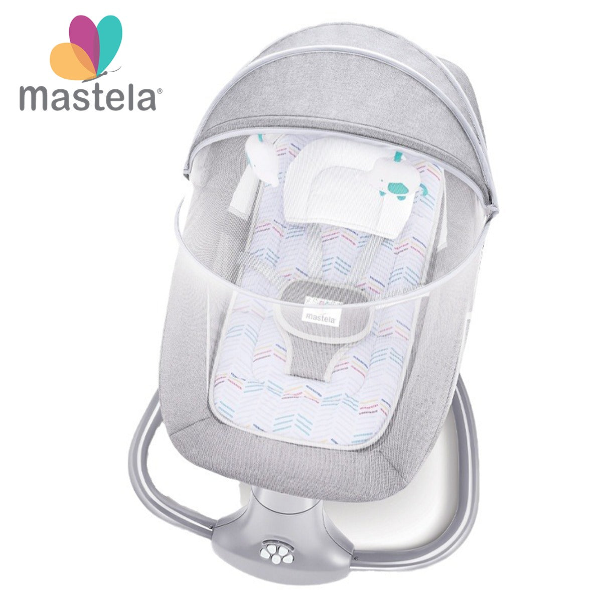Balansoar copii electric 3 în 1 Mastela, 0-3 ani, până la 15 kg, Bluetooth, alimentare USB, albastru-gri