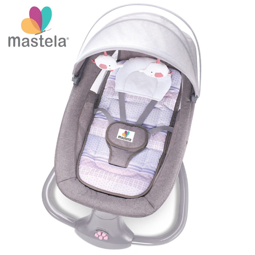 Balansoar electric copii 3 în 1 Mastela, 0-3 ani, până la 15 kg, telecomandă, alimentare USB, roz-gri