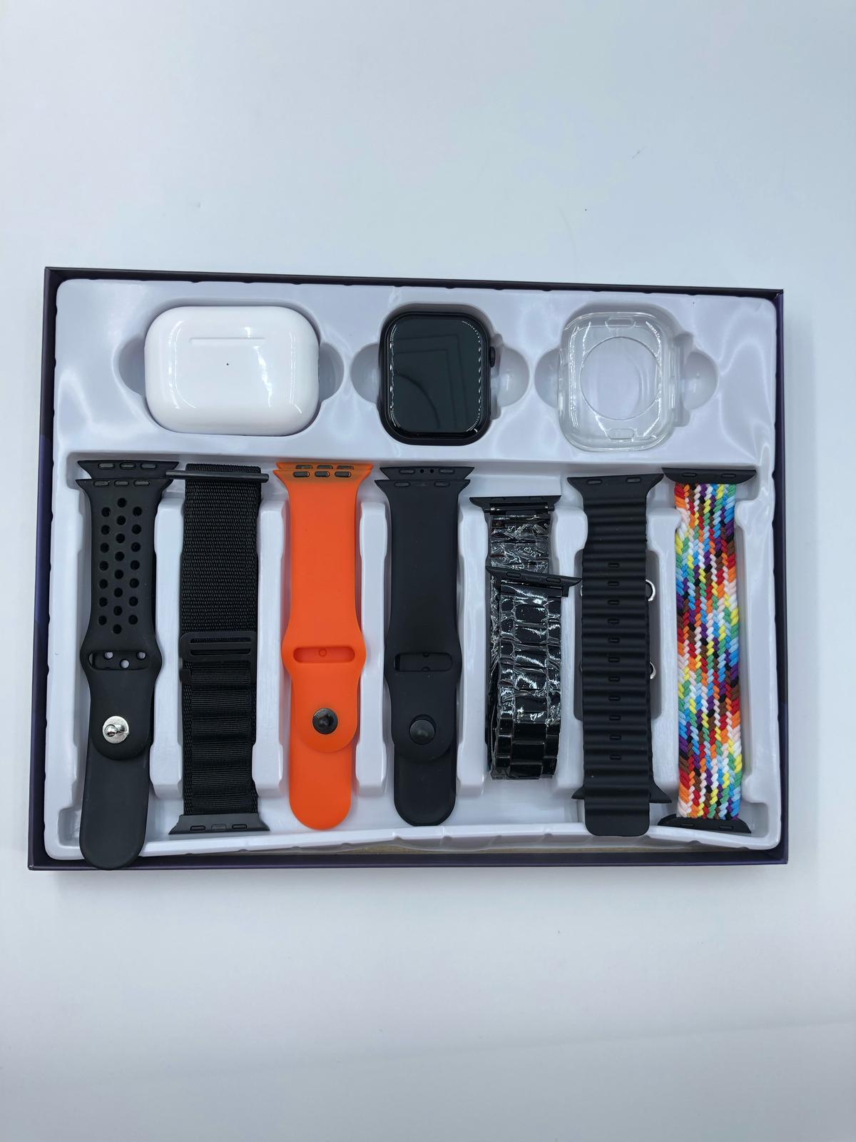 Pachet smartwatch cu apeluri AT Performance, 7 curele, husă silicon, încărcător wireless, căști bluetooth
