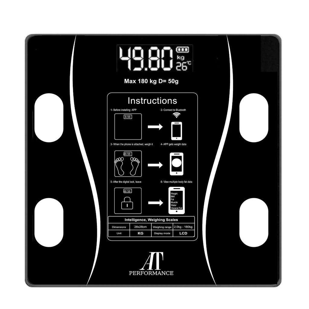 Cântar corporal smart AT Performance, 180 kg, Bluetooth 4.0, analiză BIA, sticlă securizată, 26x26 cm