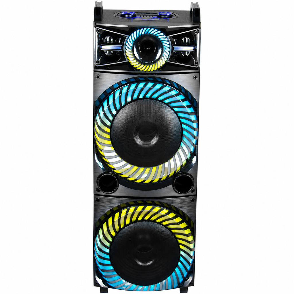 Boxă karaoke portabilă AT Performance KOLAV-F5514, 2250 W PMPO, 2 x 15 inch, Bluetooth, TWS, RGB LED, negru