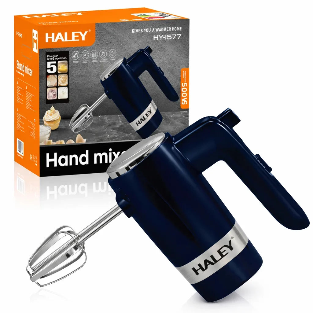Mixer de mână HALEY HY-1677, 500 W, 5 trepte de viteză, palete și cârlige inox, albastru închis