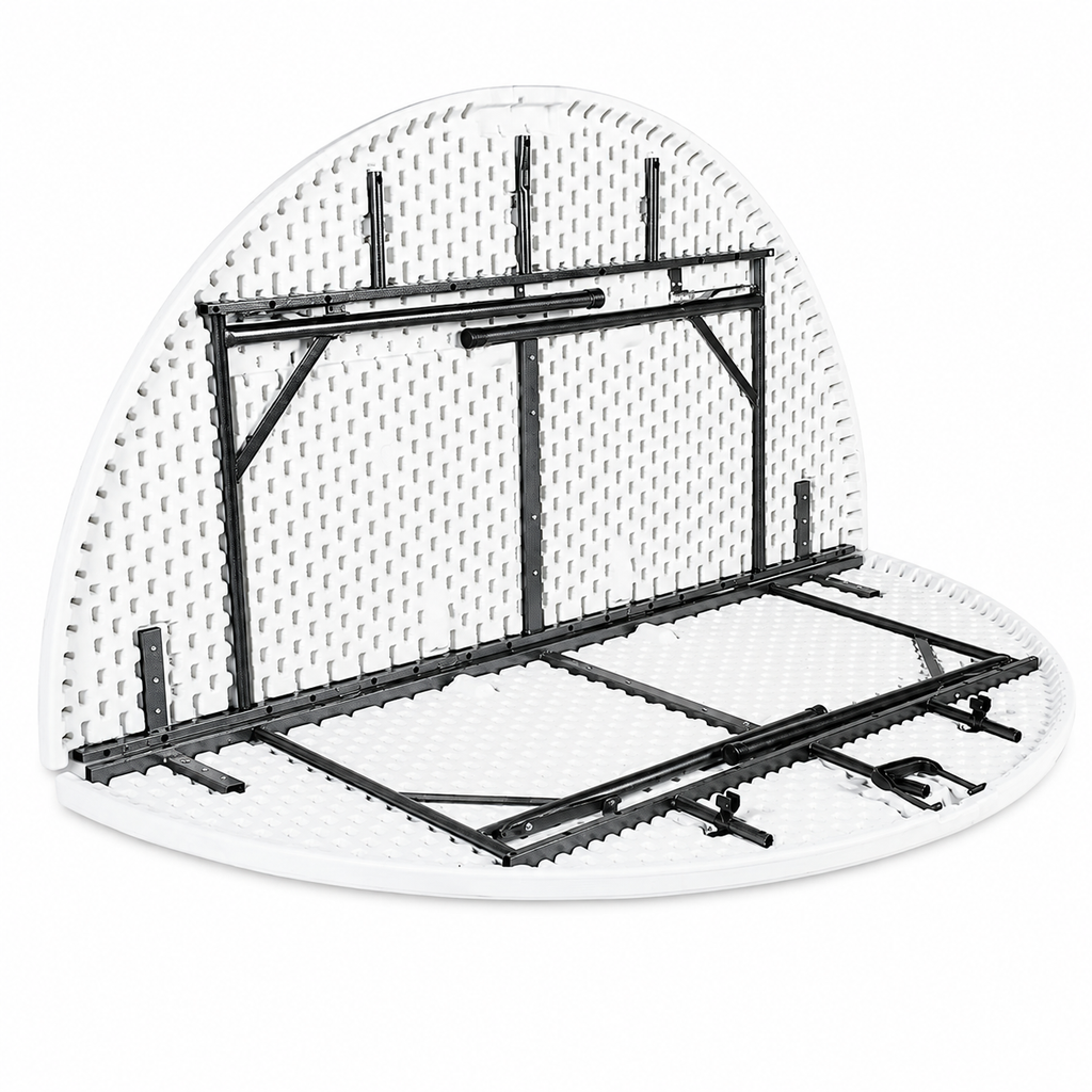 Masă pliabilă rotundă AT Performance, Ø180 cm, blat HDPE, cadru din oțel, mâner de transport, alb