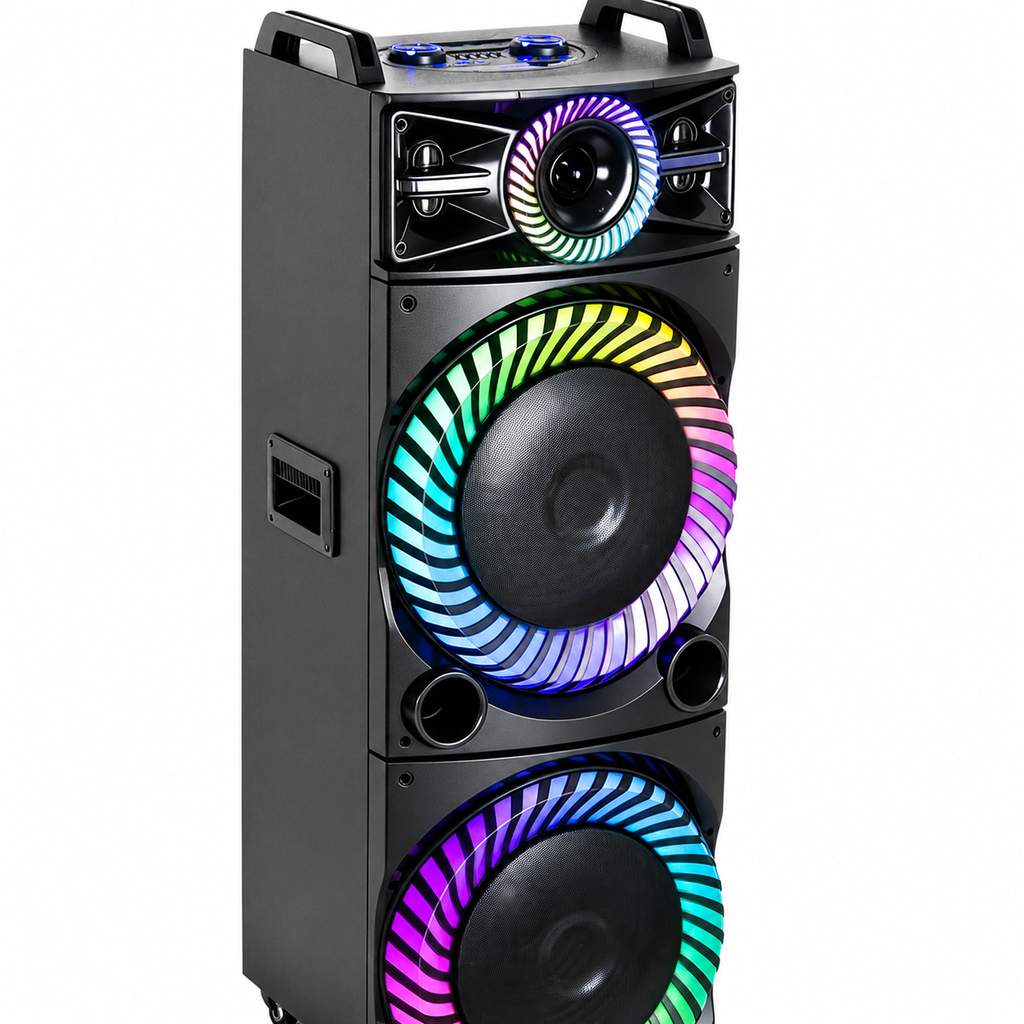 Boxă karaoke portabilă AT Performance KOLAV-F5514, 2250 W PMPO, 2 x 15 inch, Bluetooth, TWS, RGB LED, negru