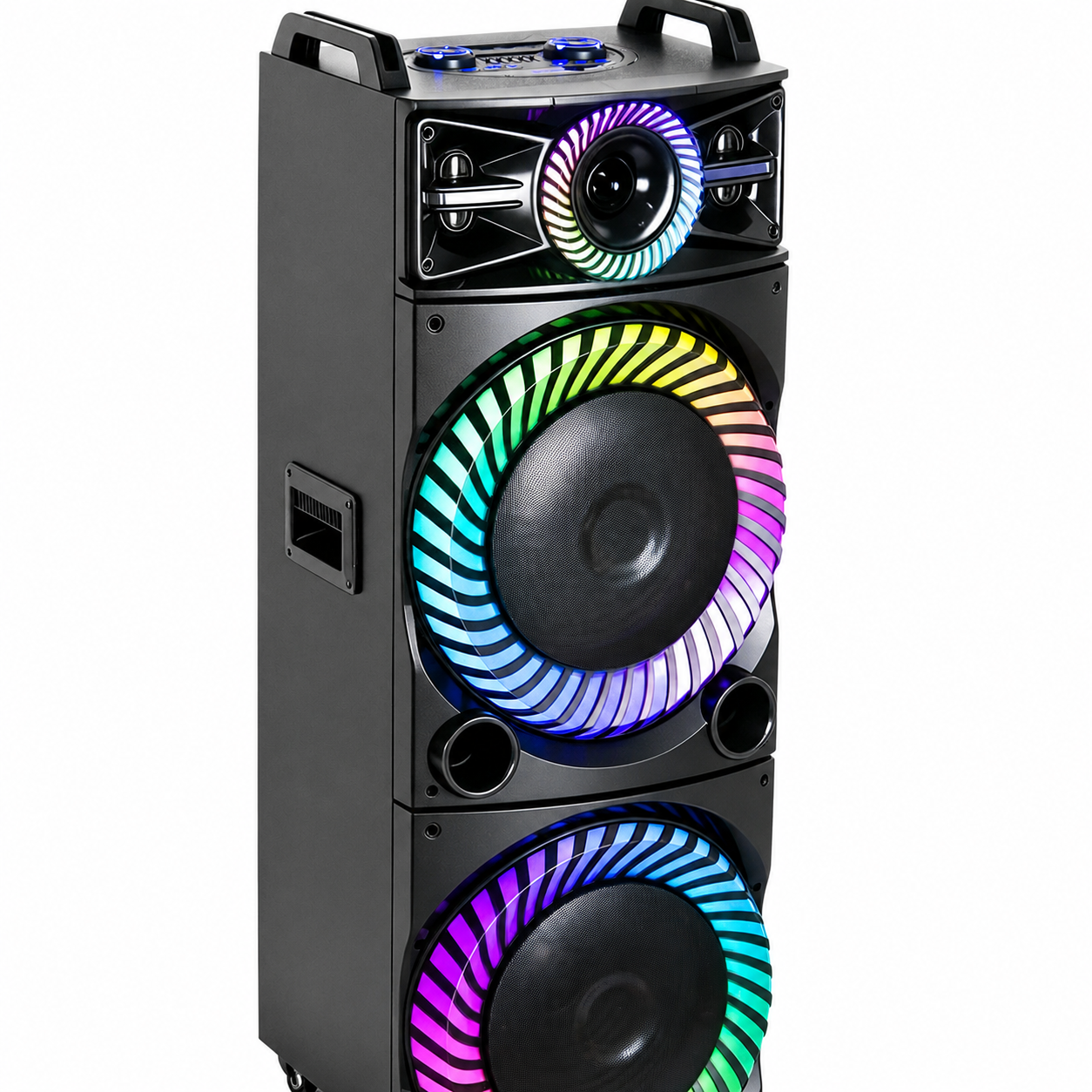 Boxă karaoke portabilă AT Performance KOLAV-F5514, 2250 W PMPO, 2 x 15 inch, Bluetooth, TWS, RGB LED, negru