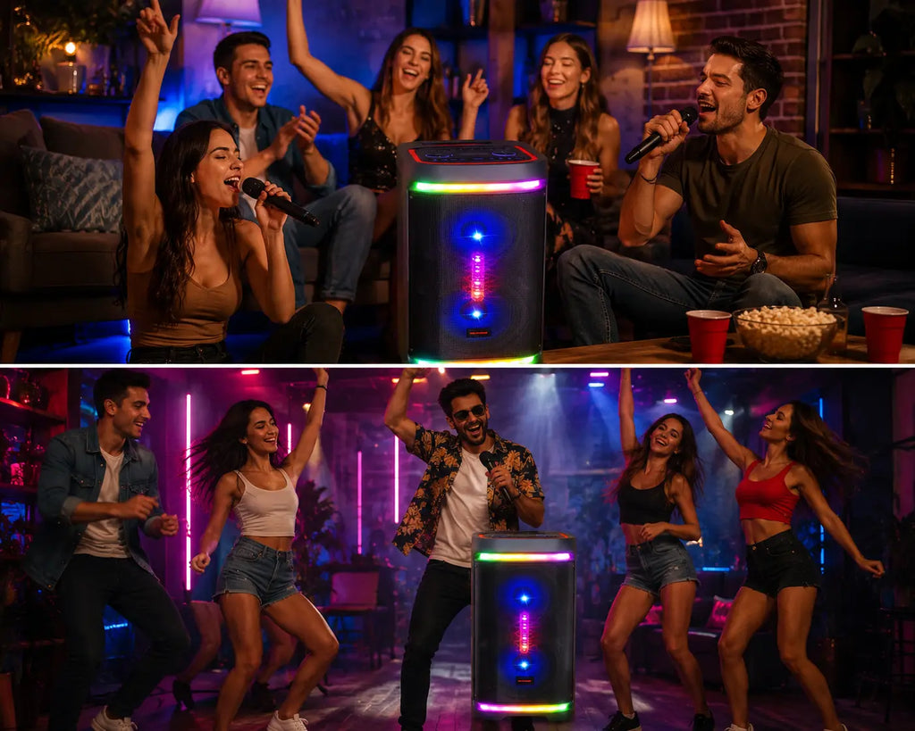 Boxă karaoke portabilă AT Performance KOLAV-M2854, 400 W PMPO, 2 x 8 inch, Bluetooth, autonomie 4 ore, RGB LED
