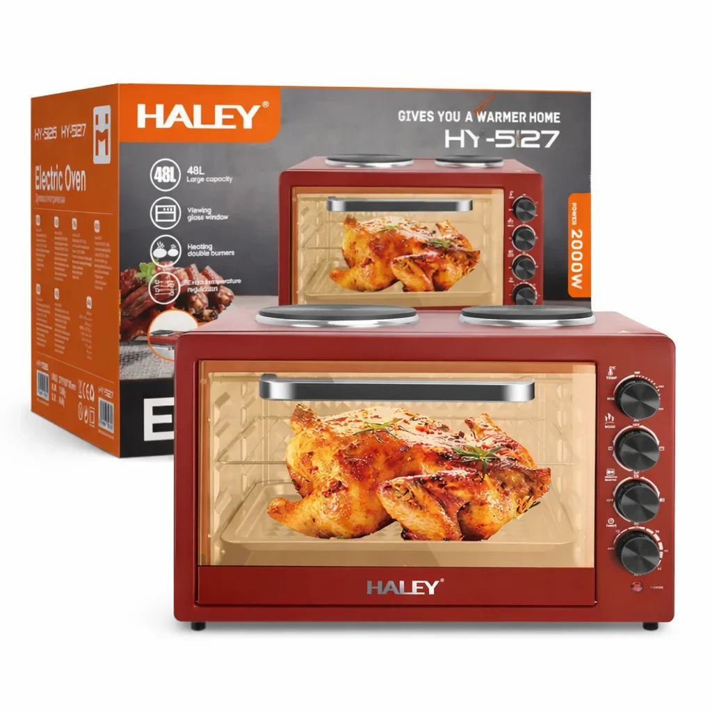 Cuptor electric HALEY HY-5127, 48 L, 2000 W, plită dublă 1000 W + 600 W, ușă din sticlă
