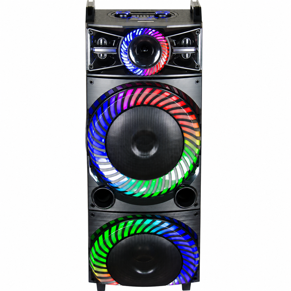 Boxă karaoke portabilă AT Performance KOLAV-F5514, 2250 W PMPO, 2 x 15 inch, Bluetooth, TWS, RGB LED, negru