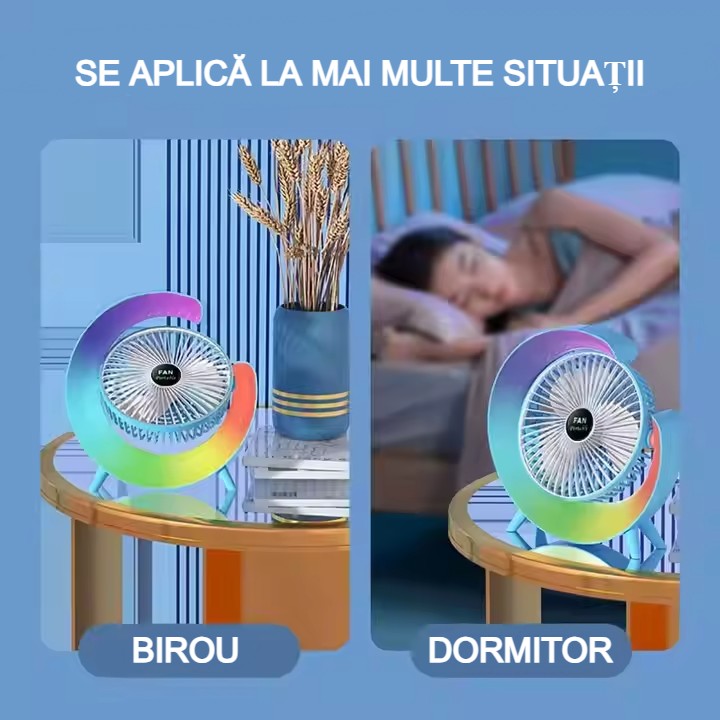 Ventilator portabil AT Performance, LED RGB cu 5 moduri, 3 viteze, alimentare USB, verde