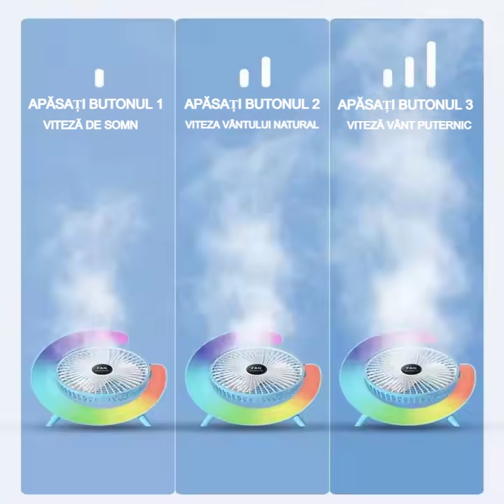 Ventilator portabil AT Performance, LED RGB cu 5 moduri, 3 viteze, alimentare USB, verde