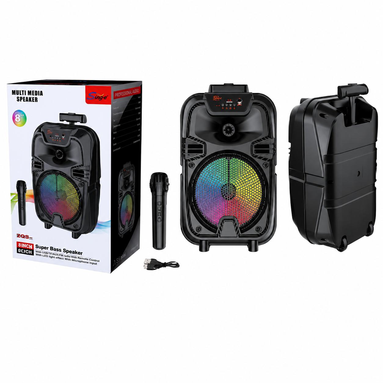 Boxă portabilă Sing-E ZQS8188, difuzor 8 inch, 200 W PMPO, baterie 3000 mAh, microfon wireless, negru