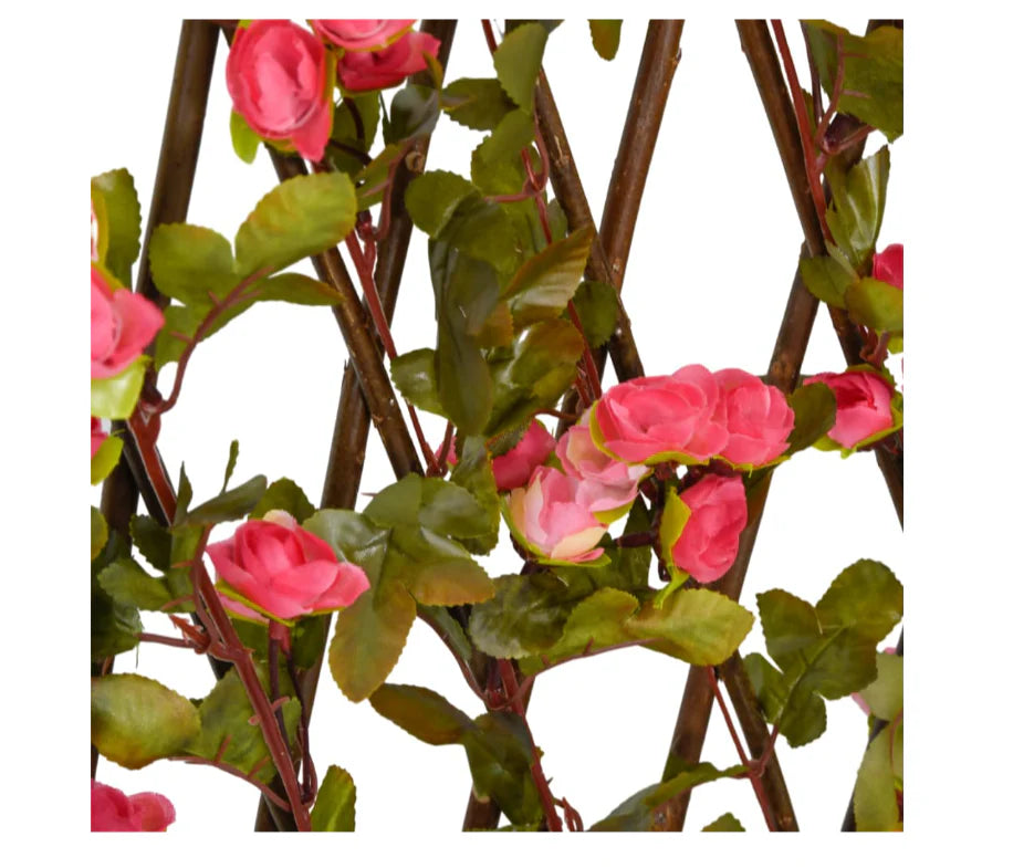 Gard paravan viu cu frunze si flori artificiale, AT PERFORMANCE, extensibil, 100x200 cm, roz