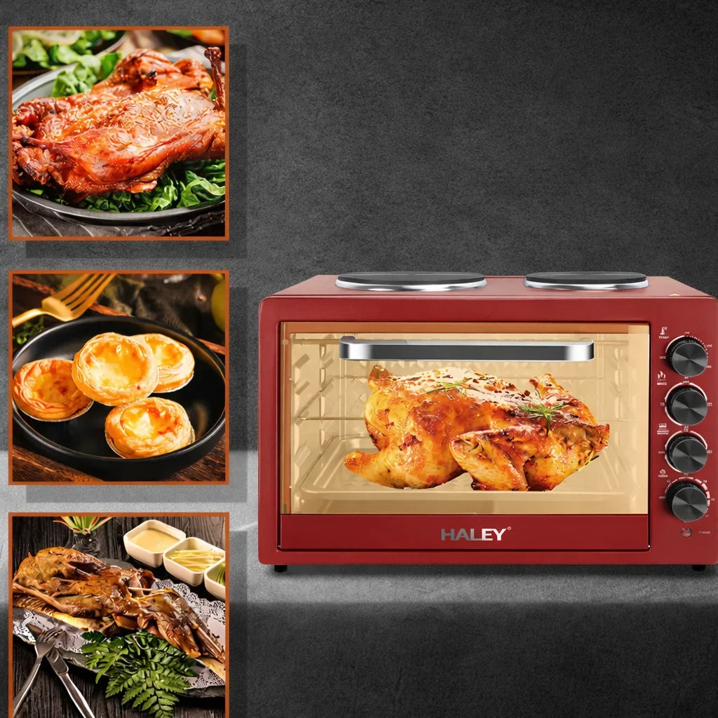 Cuptor electric HALEY HY-5127, 48 L, 2000 W, plită dublă 1000 W + 600 W, ușă din sticlă
