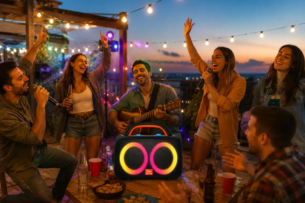 Boxă karaoke portabilă Sing-E ZQS-L19, 2x6 inch, 1400 W, 2 microfoane wireless, RGB LED, negru