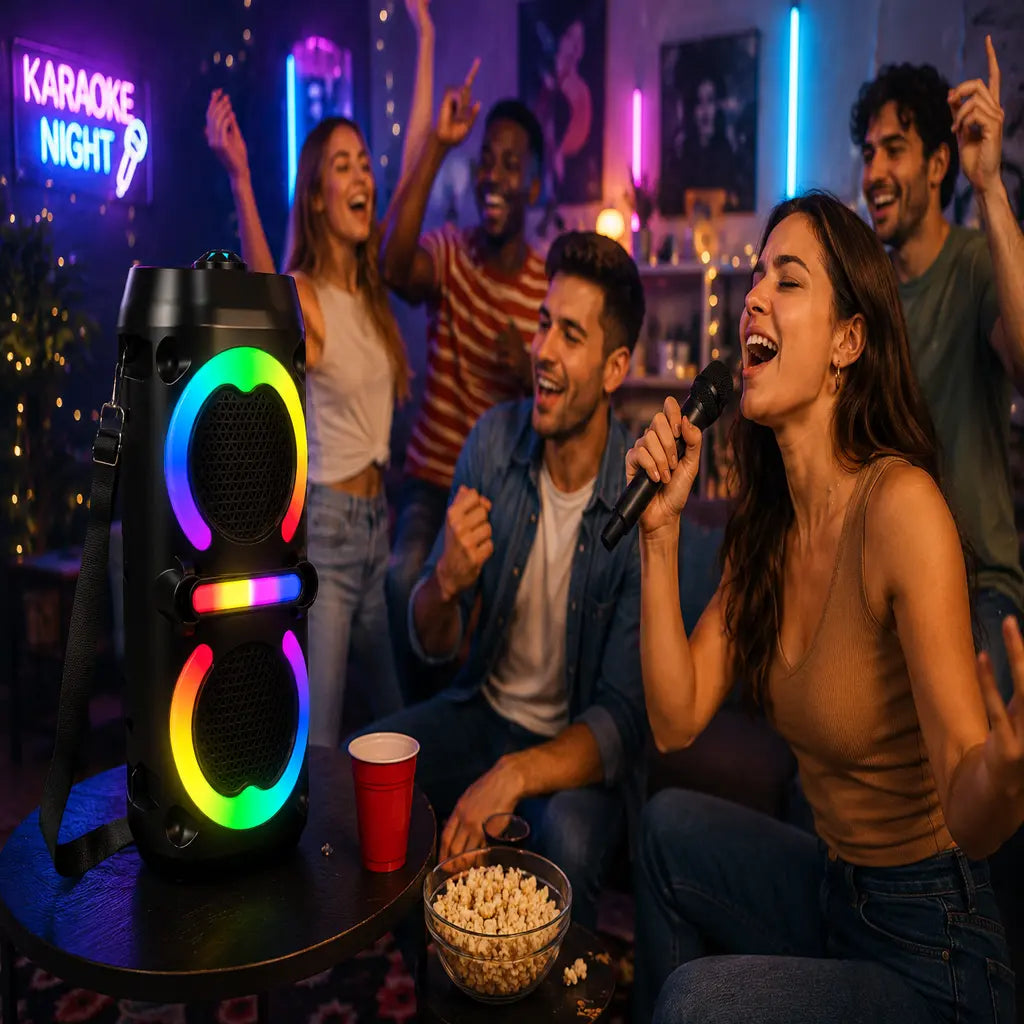 Boxă karaoke portabilă AT Performance ZQS42111KW, 200 W, 2 microfoane wireless, LED RGB, negru