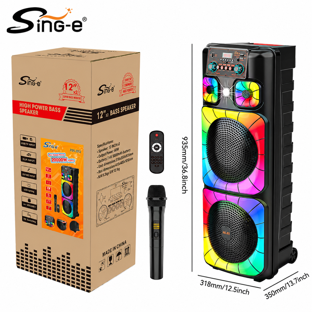 Boxă karaoke portabilă Sing-E ZQS12213, 2x12 inch, 80 W, acumulator 5000 mAh, LED RGB, telecomandă