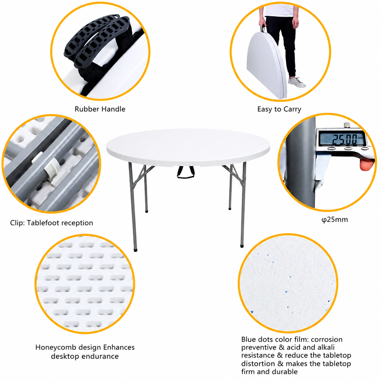 Masă pliabilă rotundă AT Performance, Ø180 cm, blat HDPE, cadru din oțel, mâner de transport, alb