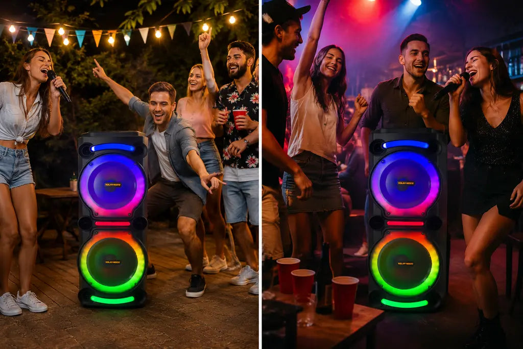 Boxă karaoke portabilă AT Performance KOLAV-M2212, 400 W RMS, 2 x 12 inch, Bluetooth, 2 microfoane wireless, RGB LED