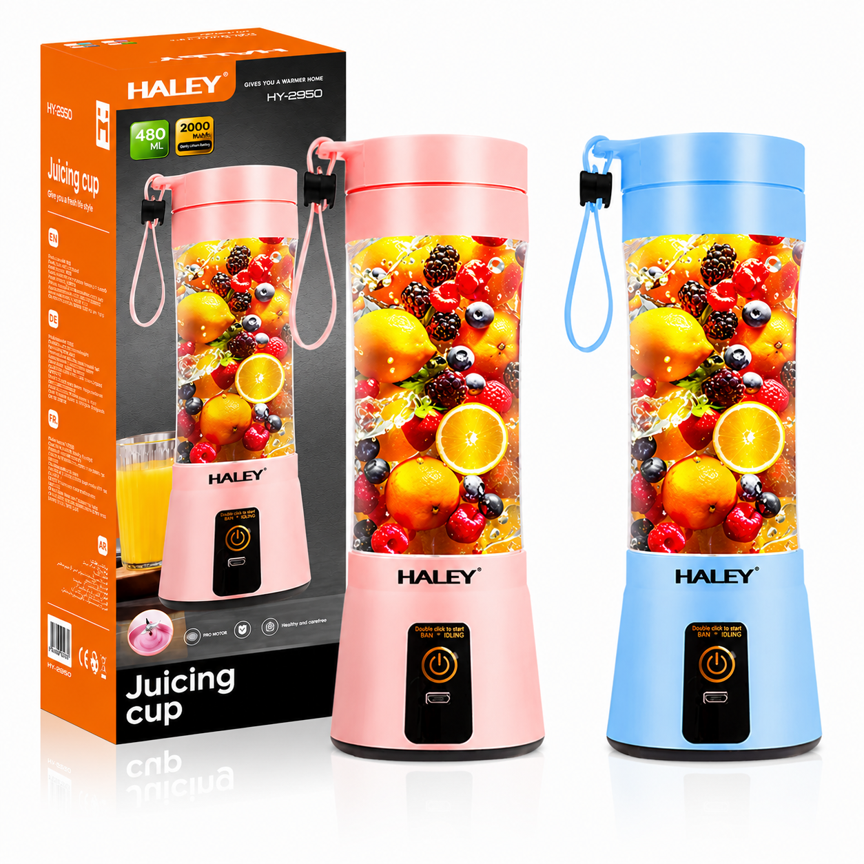 Blender portabil HALEY HY-2950, 480 ml, baterie 2000 mAh, încărcare USB, lame inox