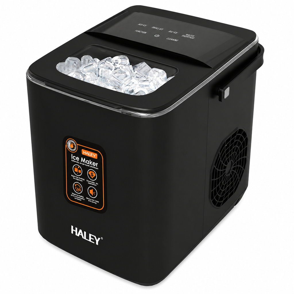 Mașină de gheață HALEY HY-6102, 100 W, 12 kg/24h, rezervor 1,8 L, 2 dimensiuni cuburi, negru