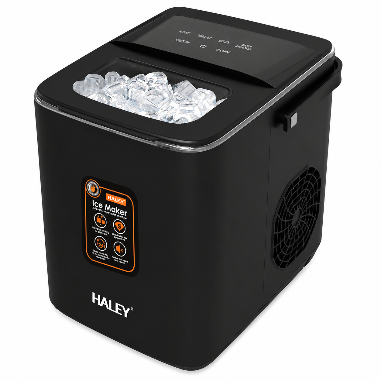 Mașină de gheață HALEY HY-6102, 100 W, 12 kg/24h, rezervor 1,8 L, 2 dimensiuni cuburi, negru