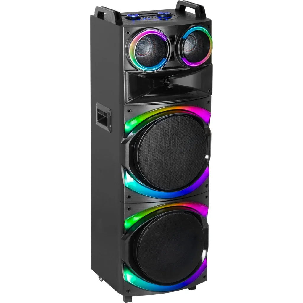 Boxă karaoke portabilă AT Performance KOLAV-F2232, 2x12 inch, bluetooth, 2 microfoane wireless, RGB LED, negru
