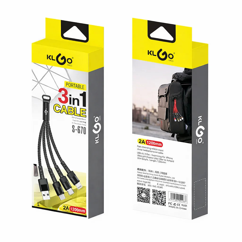 Cablu de încărcare 3 în 1 KLGO S-670, USB la Type-C, micro USB, Lightning, 2A