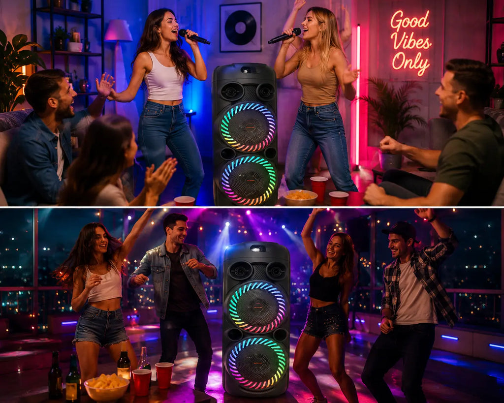 Boxă karaoke portabilă AT Performance KOLAV-F2805, 2800 W PMPO, 2 x 8 inch, Bluetooth, microfon wireless, RGB LED