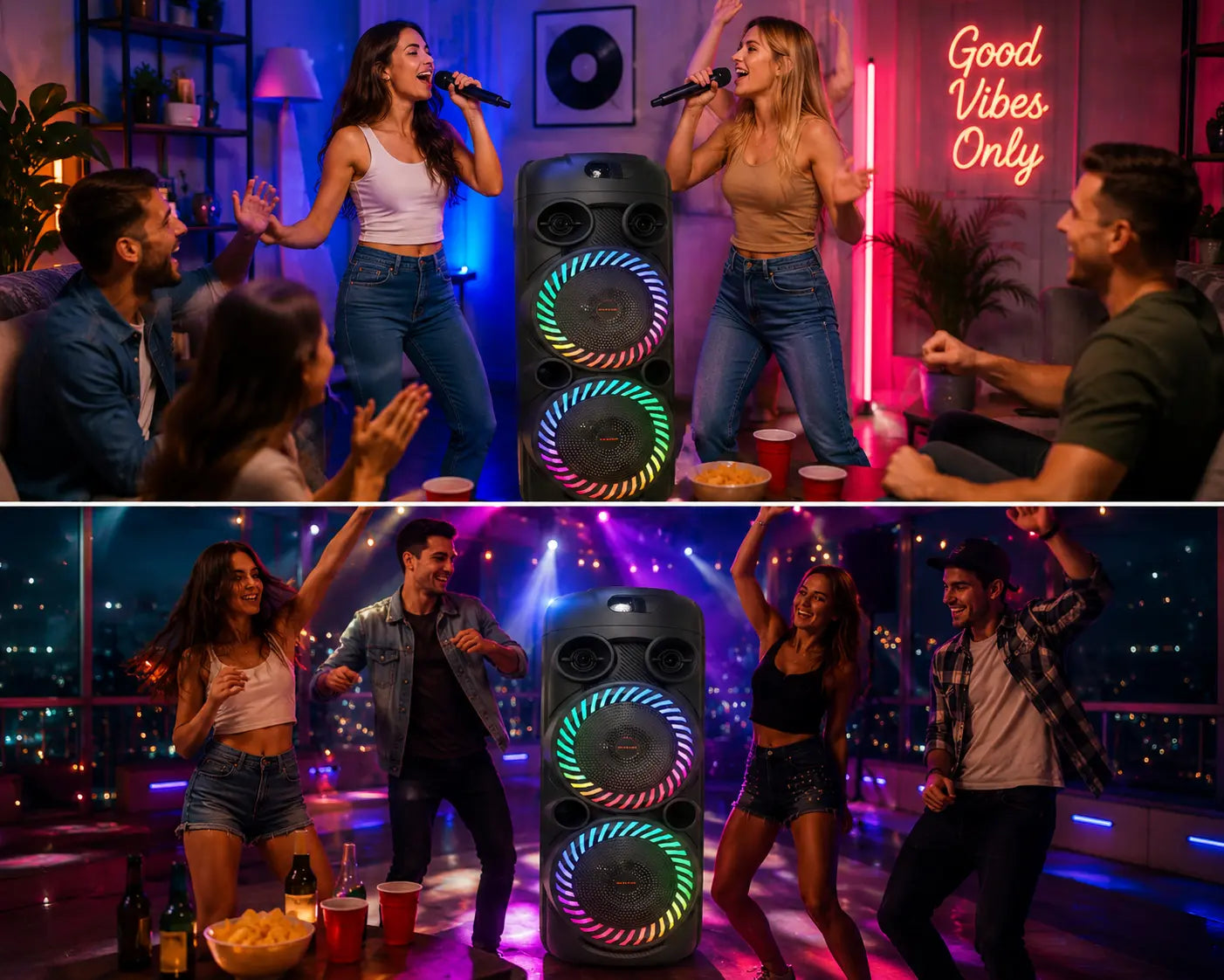 Boxă karaoke portabilă AT Performance KOLAV-F2805, 2800 W PMPO, 2 x 8 inch, Bluetooth, microfon wireless, RGB LED