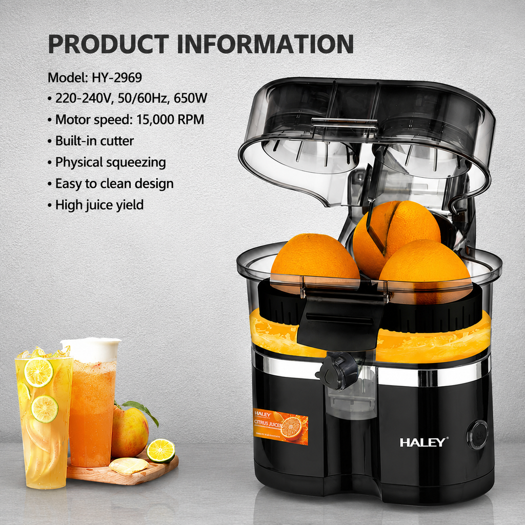 Storcător de citrice HALEY HY-2969, 650 W, 15.000 RPM, recipient 400 ml, tăietor integrat, negru