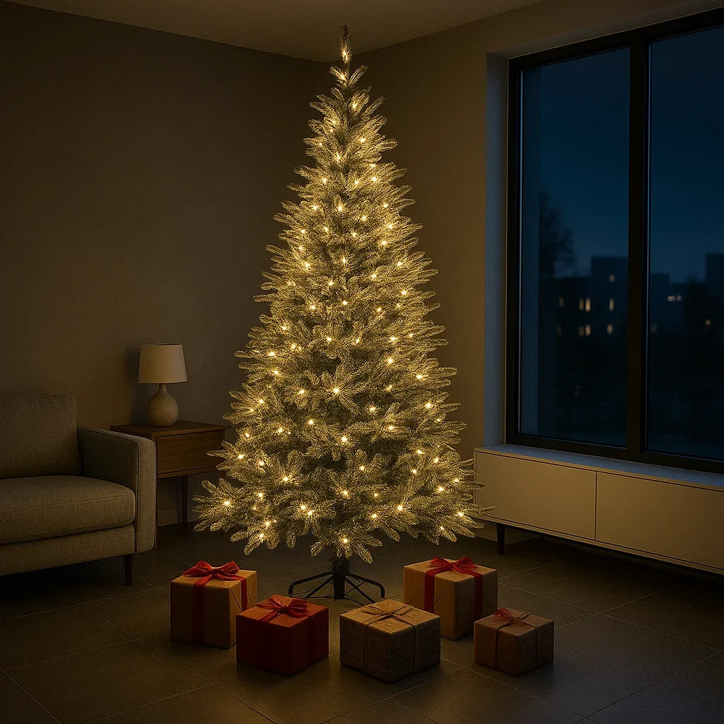 Brad artificial cu efect de ninsoare, 2.1 m, 1150 ramuri, lumini LED galben cald, suport metalic