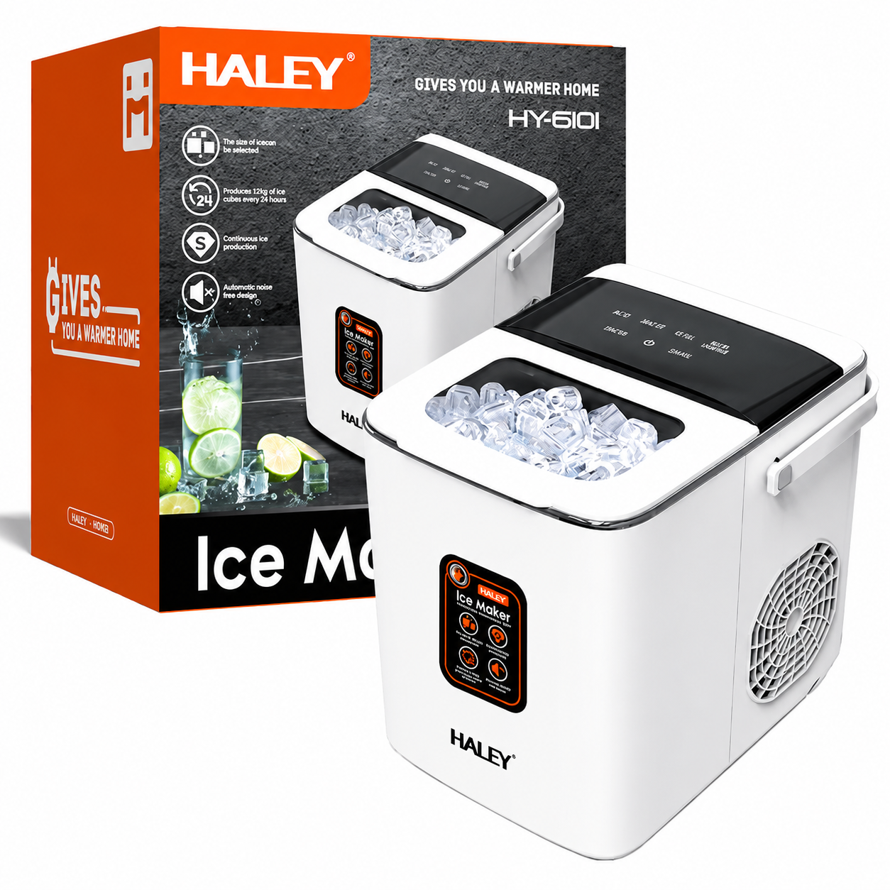 Mașină de gheață HALEY HY-6101, 100 W, 12 kg/24h, rezervor 1,8 L, 2 dimensiuni cuburi, alb