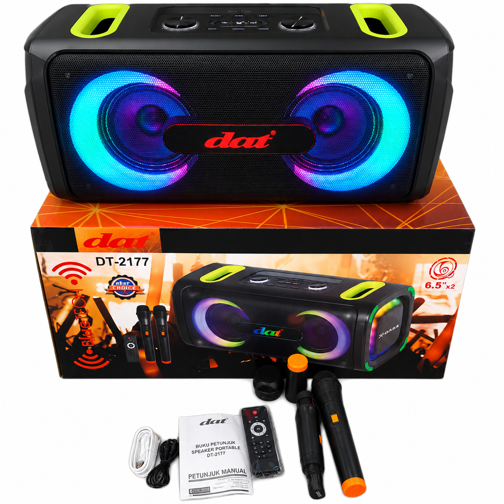 Boxă karaoke portabilă DAT DT-2177, 2x6.5 inch, 40 W RMS, 2 microfoane wireless, LED RGB, negru