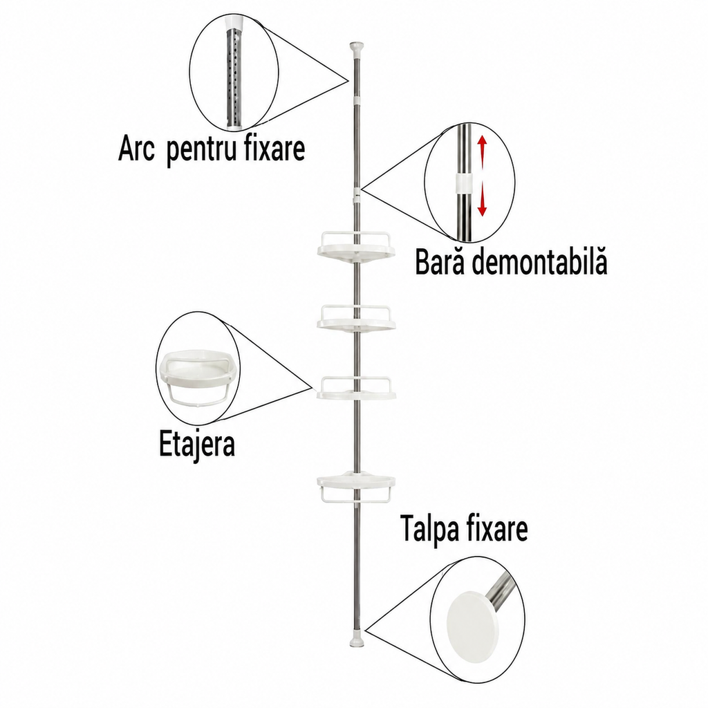 Etajeră de colț telescopică pentru baie AT Performance, 4 rafturi, reglabilă 185-310 cm, albă
