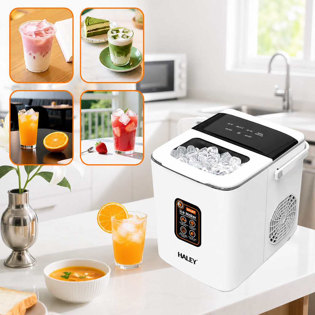 Mașină de gheață HALEY HY-6101, 100 W, 12 kg/24h, rezervor 1,8 L, 2 dimensiuni cuburi, alb