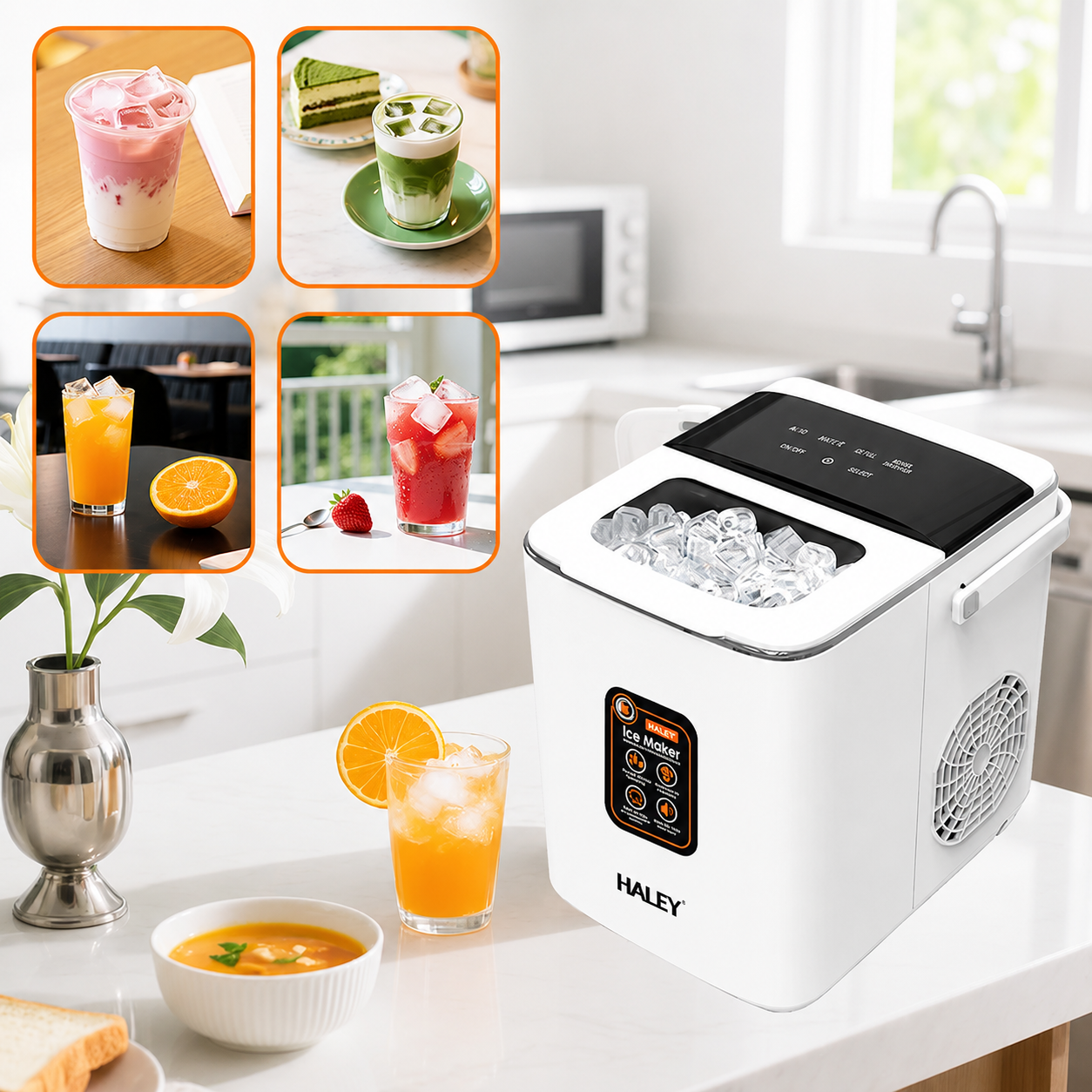 Mașină de gheață HALEY HY-6101, 100 W, 12 kg/24h, rezervor 1,8 L, 2 dimensiuni cuburi, alb