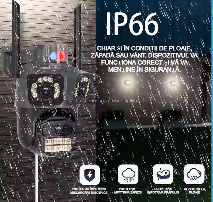 Cameră Supraveghere WiFi cu 3 Camere AT PERFORMANCE® – 15MP 8K, PTZ, Audio, Alarmă, Exterior, IP66