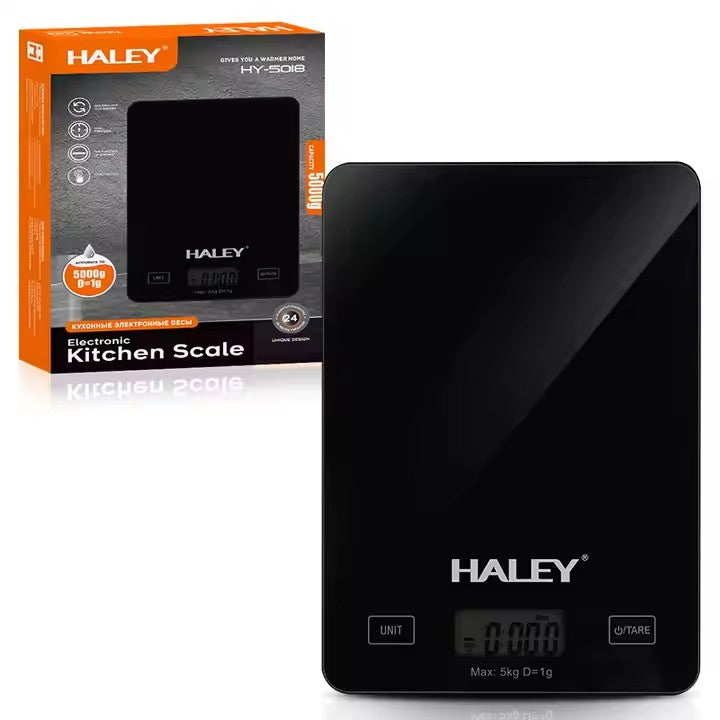 Cântar electronic de bucătărie HALEY HY-5018, 5 kg, precizie 0,1 g, sticlă securizată, negru