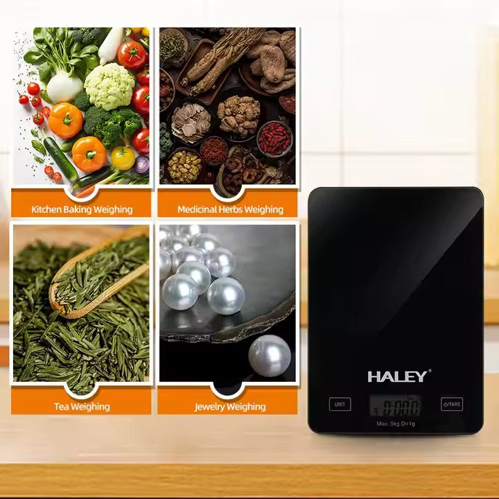 Cântar electronic de bucătărie HALEY HY-5018, 5 kg, precizie 0,1 g, sticlă securizată, negru