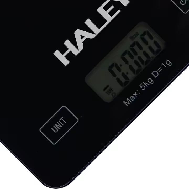 Cântar electronic de bucătărie HALEY HY-5018, 5 kg, precizie 0,1 g, sticlă securizată, negru