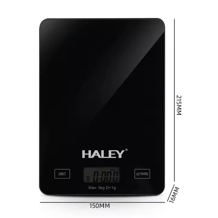 Cântar electronic de bucătărie HALEY HY-5018, 5 kg, precizie 0,1 g, sticlă securizată, negru