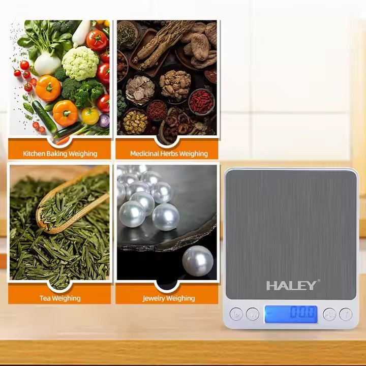 Cântar digital de bucătărie HALEY HY-5015, 3 kg, precizie 0,1 g, oțel inoxidabil, argintiu