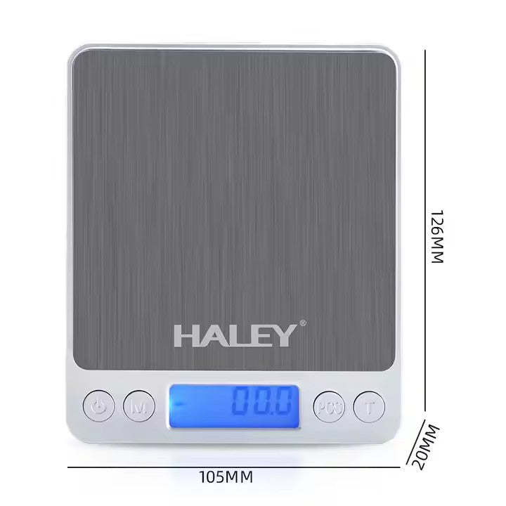 Cântar digital de bucătărie HALEY HY-5015, 3 kg, precizie 0,1 g, oțel inoxidabil, argintiu